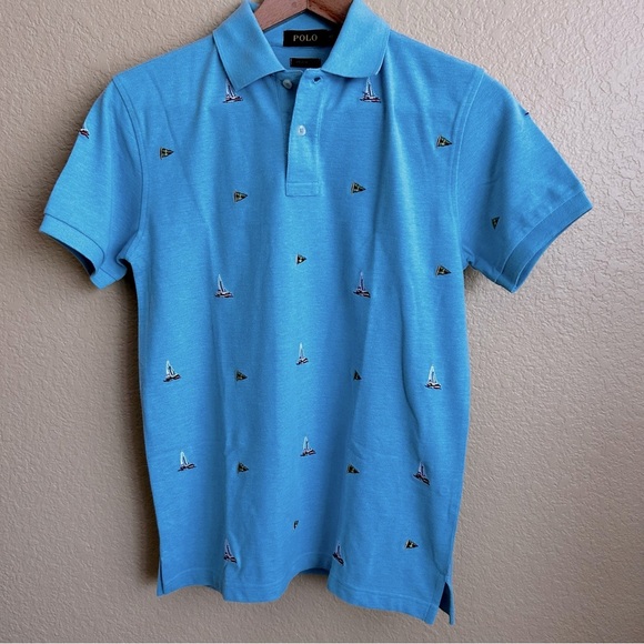 Polo Custom Fit Nautical Print Embroidered Short Sleeve Polo - Picture 1 of 7